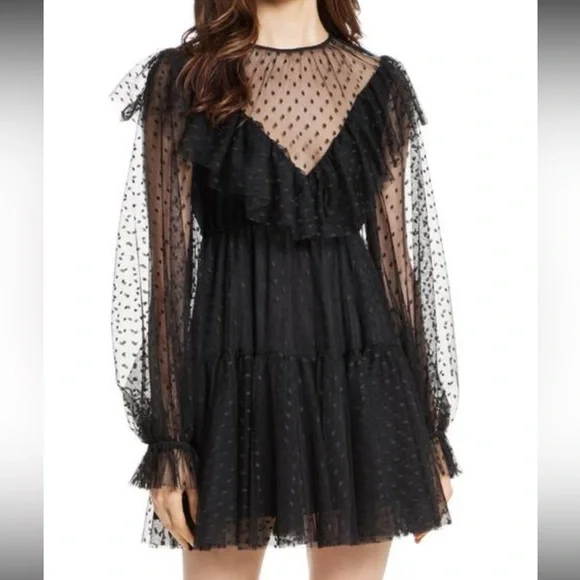 Milly Black dot Tulle Ruffled Tiered Sundress with Bishop Sleeves sz -4 - Picture 2 of 9